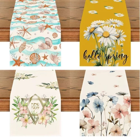 Linen Table Runner Floral Ocean Theme Digital Printed Farmhouse Style Tablecloth For Kitchen Dining Room Holiday Party Home Decor