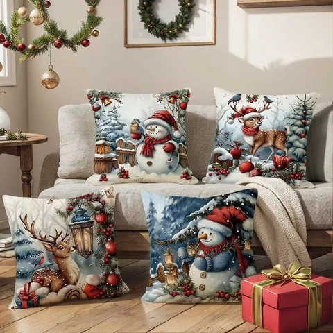 Christmas Linen Pillowcase Decorative Cushion Cover Snowman Reindeer Printed Square Throw Pillow Cover For Home Sofa Decor