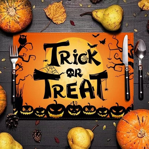 Halloween Linen Placemats Pumpkin Ghost Bat Black Cat Gnome Witch Hat Heat Resistant Table Mats For Dining Room Party
