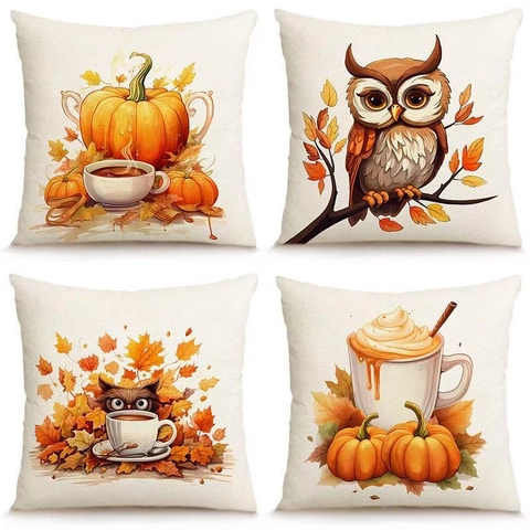 Autumn Harvest Linen Pillowcase Pumpkin Owl Maple Leaf Cushion Cover For Sofa Couch Home Decor Harvest Festival Pillowcase