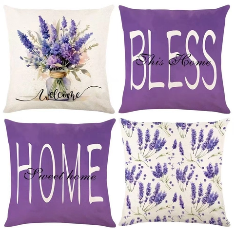 Pastoral Lavendel Gänseblümchen Blumendruck Leinenmischung Dekorativer Kissenbezug Für Zuhause Büro Sofa Wohnzimmer Kissenhülle