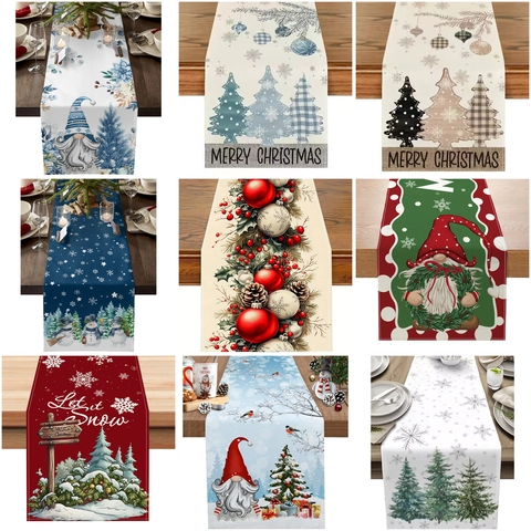 Christmas Linen Table Runner Winter Holiday Decoration Gnomes Snowman Reindeer Plaid Snowflake For Dining Room Party Table Decor