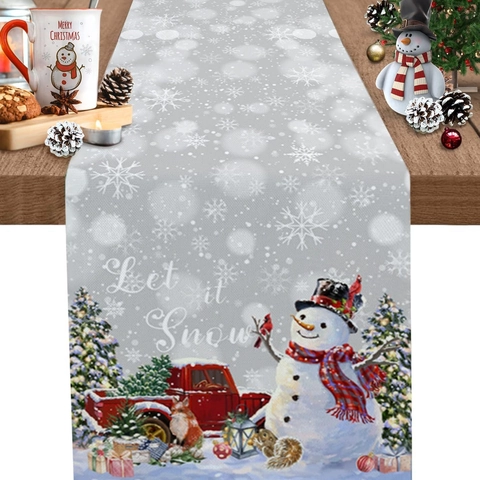 Christmas Linen Table Runner Winter Holiday Decoration Gnomes Snowman Reindeer Plaid Snowflake For Dining Room Party Table Decor