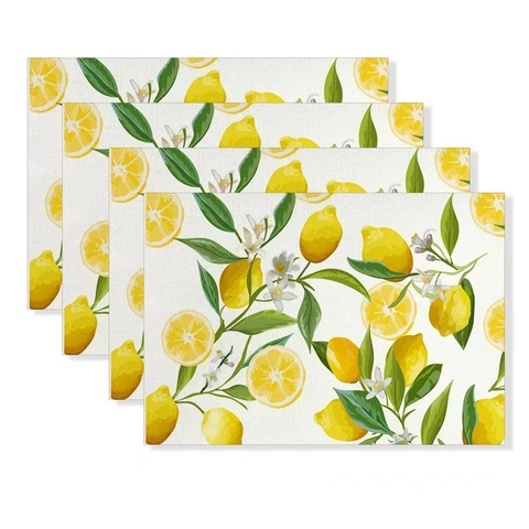 Summer Lemon Pattern Rectangular Placemats Heat Resistant Polyester Table Mats For Dining Room Kitchen Decor Daily Home Use
