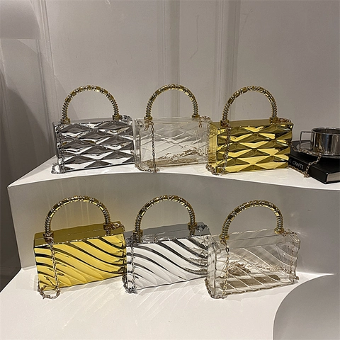 Bolso Caja de Acrílico de Moda Patrón Geométrico Ondulado Bolso de Noche Con Cadena de Metal Oro Plata Transparente