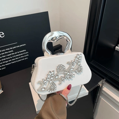 Abendtasche Mit Strassblumenmuster PU Leder Clutch Mit Gebogenem Metallgriff Und Abnehmbarem Kettenriemen Für Hochzeiten