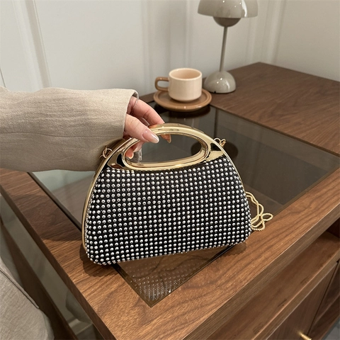 Luxe Strass Avondtas Voor Vrouwen Glinsterende Kristallen Clutch Met Rond Metalen Handvat En Kettingriem Voor Bruiloft Feest