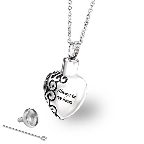 Stainless Steel Heart Cremation Urn Pendant Necklace Always In My Heart Engraved Memorial Jewelry For Ashes Men Women