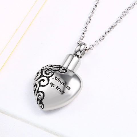 Stainless Steel Heart Cremation Urn Pendant Necklace Always In My Heart Engraved Memorial Jewelry For Ashes Men Women