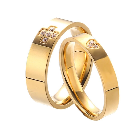 Semplici Anelli di Coppia in Acciaio al Titanio con Croce e Cuore Zircone Intarsiato Placcato Oro 18K Gioielli