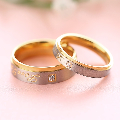 Anillos de Pareja de Acero Inoxidable Circonia Grabado Love You Acabado Cepillado Joyería de Dedo Bicolor Anillos de Boda