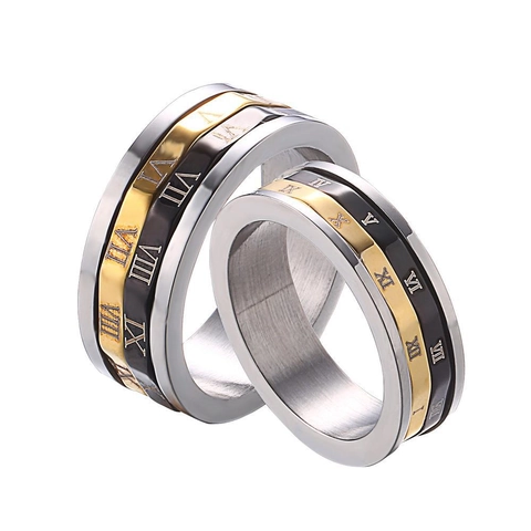Bague Pivotante Chiffres Romains en Acier Inoxydable Bague de Couple Bijoux de Mode pour Homme Femme Or Argent Noir