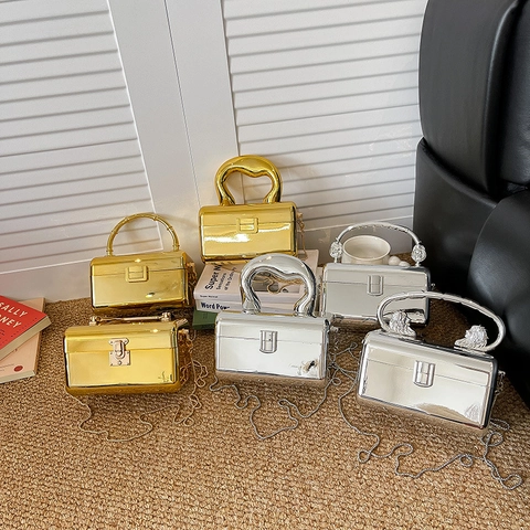 Damen Acryl Spiegel Boxtasche Metallgriff Abendtasche Abnehmbarer Kettenriemen Gold Silber Luxus Umhängetasche Handtasche