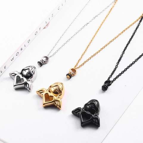 Angel Heart Urn Necklace For Ashes Stainless Steel Memorial Cremation Jewelry For Men Women Angel Wing Pendant Necklace