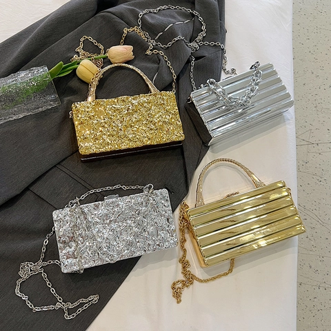 Borsa Clutch a Scatola Metallica a Righe da Donna Elegante Pochette da Sera Ondulata Con Tracolla a Catena Oro Argento Borsa per Matrimonio