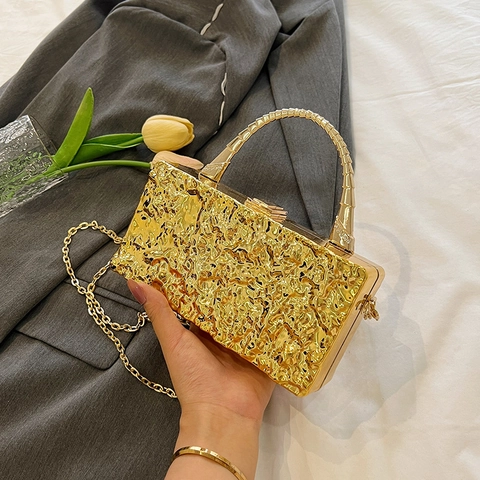 Borsa Clutch a Scatola Metallica a Righe da Donna Elegante Pochette da Sera Ondulata Con Tracolla a Catena Oro Argento Borsa per Matrimonio