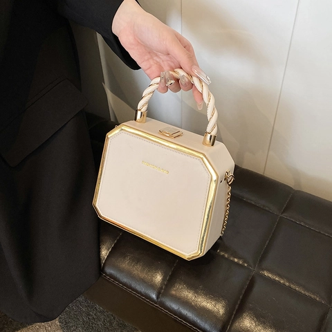 Women Vintage Octagonal Hard Shell Box Handbag PU Leather Metal Frame Shoulder Bag With Gold Chain Strap Crossbody Bag Purse
