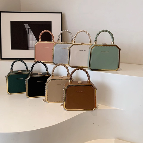 Women Vintage Octagonal Hard Shell Box Handbag PU Leather Metal Frame Shoulder Bag With Gold Chain Strap Crossbody Bag Purse