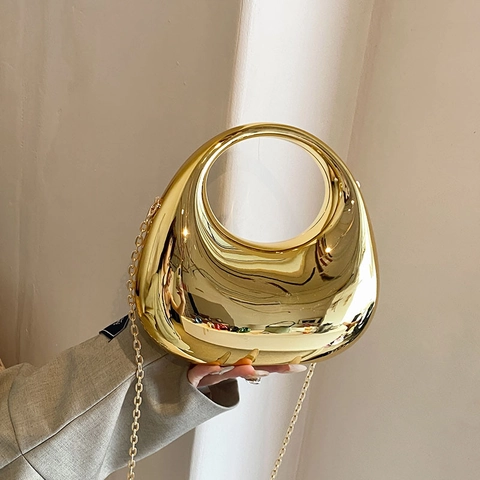 Sac À Main Géométrique En Acrylique Finition Miroir Forme De Lune Pochette De Soirée Avec Bandoulière Chaîne Mode Femmes