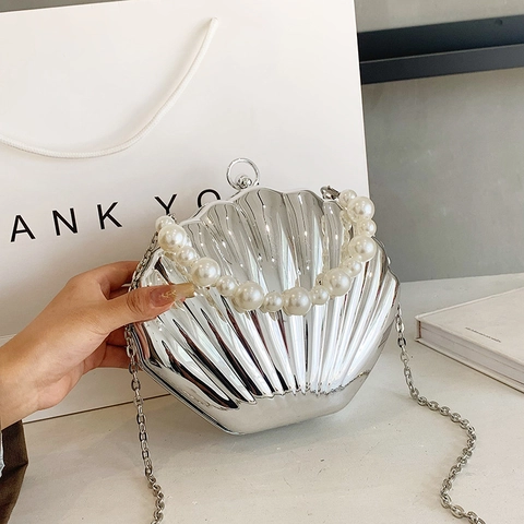 Women Luxury Shell Shaped Evening Bag Metallic Acrylic Clutch With Artificial Pearl Handle And Metal Chain Strap For Wedding Party