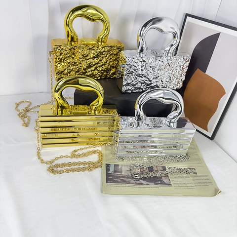 Luxury Metallic Acrylic Box Evening Clutch Ripple Horizontal Stripe Crossbody Bag With Chain Strap For Women Banquet Party