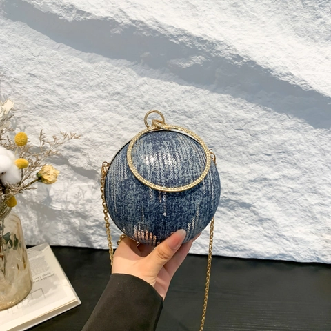 Luxury Sphere Evening Bag Women Sequin Canvas Texture Spherical Crossbody Bag With Gold Metal Handle Chain Strap Party Purse