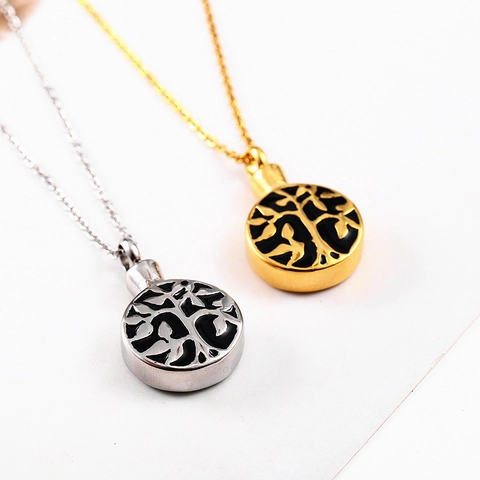 Tree Of Life Cremation Urn Necklace Stainless Steel Round Enamel Memorial Ashes Keepsake Pendant For Men Women Jewelry
