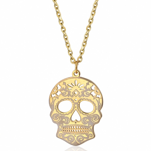 Collana con Pendente a Forma di Teschio Messicano in Acciaio Inossidabile Placcato Oro 18K Gioielli Gotici per Giorno dei Morti
