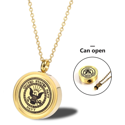 Edelstahl Gedenk Urne Halskette Für Asche Vergoldet Rund Anhänger US Marine Armee Militärdienst Schmuck Geschenk