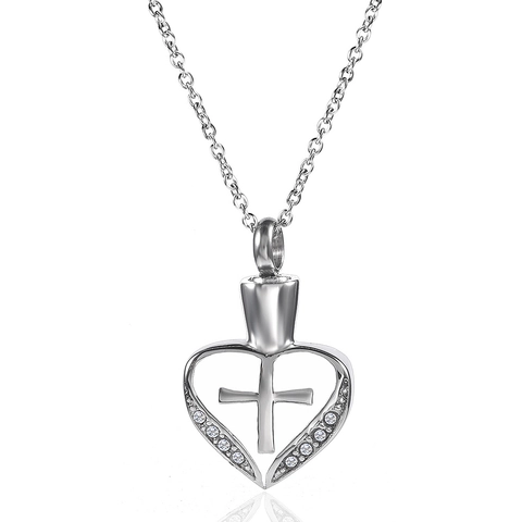 Stainless Steel Heart Urn Necklace For Ashes Cross Zirconia Pendant Memorial Keepsake Cremation Jewelry For Men Women