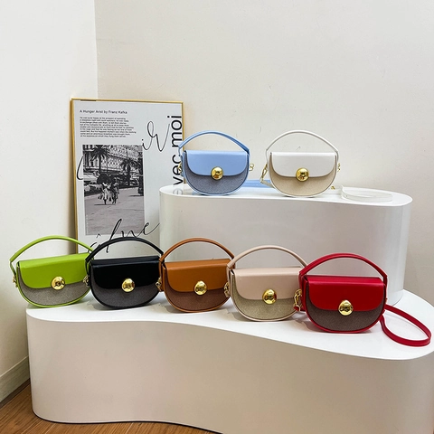 French Style Saddle Bag For Women PU Leather Fabric Patchwork Contrast Color Shoulder Crossbody Bag With Gold Metal Buckle Fashion Daily Handbag