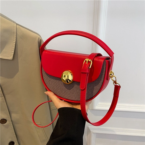 French Style Saddle Bag For Women PU Leather Fabric Patchwork Contrast Color Shoulder Crossbody Bag With Gold Metal Buckle Fashion Daily Handbag