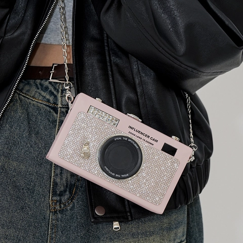 Creative Camera Shaped Rhinestone Crossbody Bag For Women Luxury Sparkly Evening Clutch With Metal Chain Strap Small Satchel