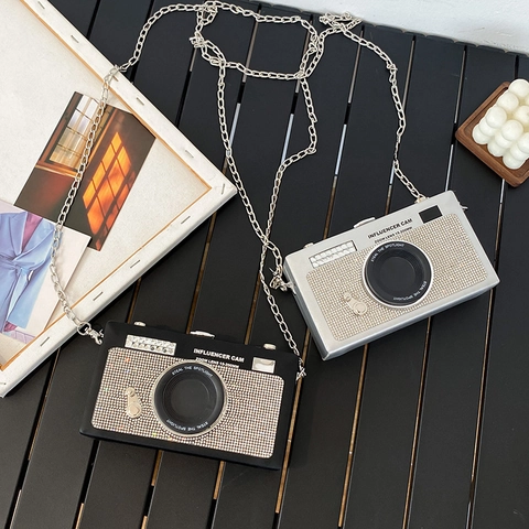 Creative Camera Shaped Rhinestone Crossbody Bag For Women Luxury Sparkly Evening Clutch With Metal Chain Strap Small Satchel