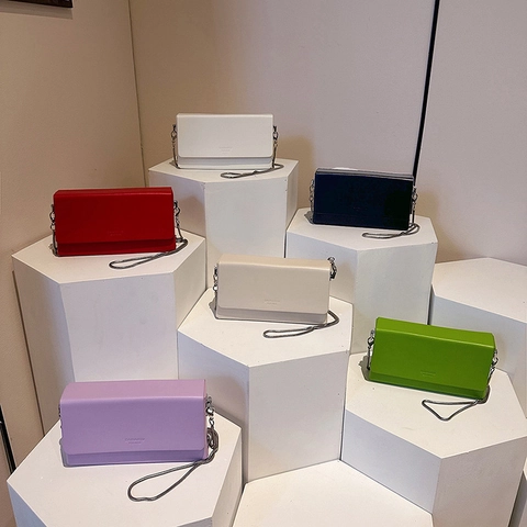Women Minimalist PU Leather Small Square Crossbody Bag With Metal Chain Strap Flap Shoulder Bag