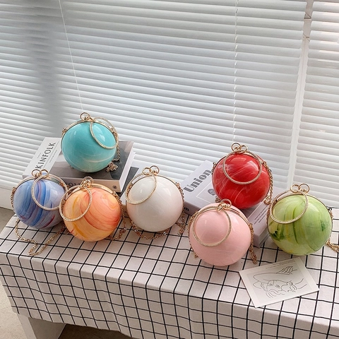 Ball Shaped Evening Bag Acrylic Marble Texture Rhinestone Handle Detachable Chain Crossbody Clutch Women Wedding Party Elegant