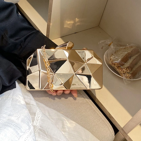 Women's Fashion Geometric 3D Cut Hard Shell Evening Bag Metal Electroplated Clutch Purse With Removable Chain For Party Wedding