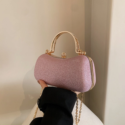 Women's Luxury Glitter Evening Clutch Bag with Round Metal Handle and Chain Strap Elegant Rhinestone Handbag for Banquet Wedding