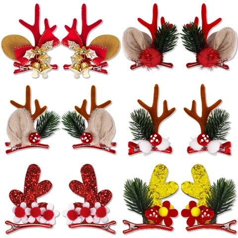 Christmas Reindeer Antler Hair Clips With Sequins Felt Mushroom Bell Pine Needles For Kids Women Festive Party Hair Accessories Gift