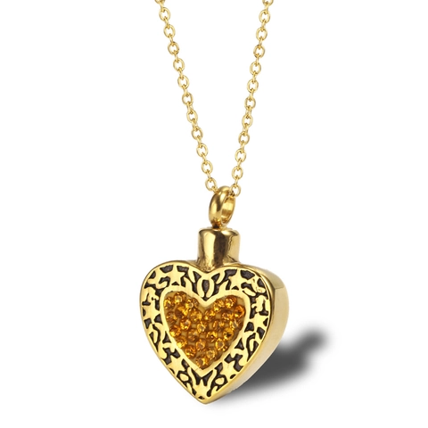 Stainless Steel Heart Cremation Urn Pendant Necklace Gold Black Rhinestone Hollow Memorial Perfume Bottle Jewelry For Men Women