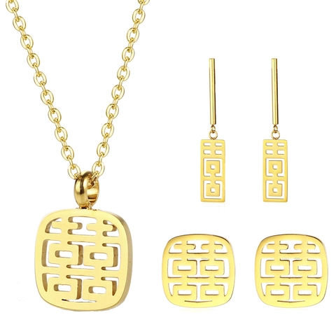 Edelstahl Hohl Doppelglück Anhänger Halskette Ohrstecker Ohrhänger Chinesischer Stil Gold Silber Hochzeitsschmuck