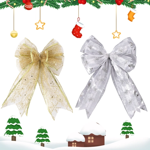 Large Christmas Mesh Bow Ornament Glitter Snowflake Letter Print Gold Silver Bowknot Christmas Tree Topper Hanging Decor