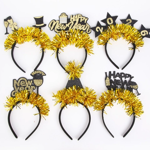 Diadema Happy New Year Negro Oro 2026 Estrella Copa de Vino Sombrero de Copa Diadema de Oropel Para Decoración Fiesta Año Nuevo