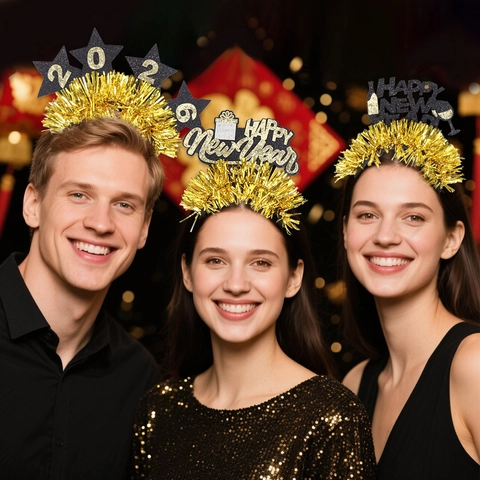 Diadema Happy New Year Negro Oro 2026 Estrella Copa de Vino Sombrero de Copa Diadema de Oropel Para Decoración Fiesta Año Nuevo