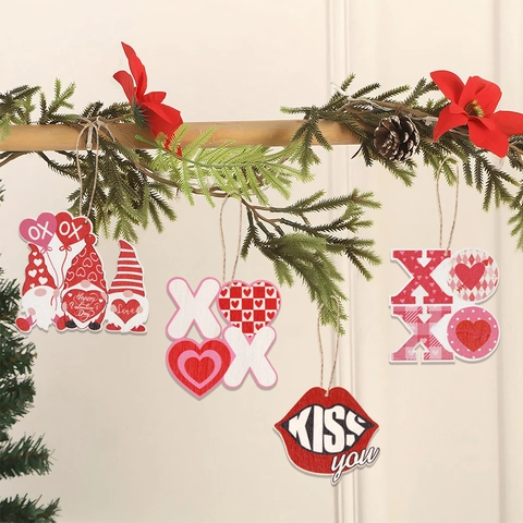 Ornamenti Appesi In Legno Per San Valentino Cuore Gnomo Labbro LOVE XOXO Insegne Decorative Festive Con Corda Di Juta Decor