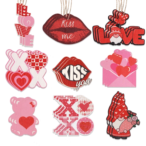 Colgante de Madera de San Valentín Corazón Rojo Rosa LOVE XOXO Gnomo Labios Diseño Romántico Decoración Fiesta Hogar Adorno