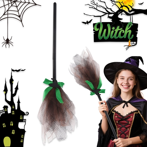 Halloween Hexenbesen Requisiten Kunststoff Netzgewebe Spinnennetz Muster Kostüm Zubehör Für Maskerade Party Grüne Schleife Dekorationen
