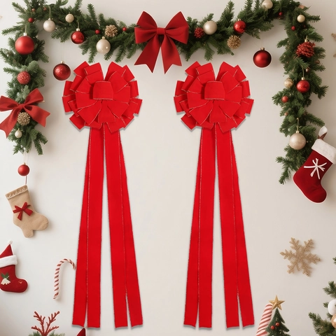 Large Christmas Tree Topper Red Velvet Bowknot Ornament Flocking Ribbon Bow With Glitter Edge For Holiday Party Home Decor