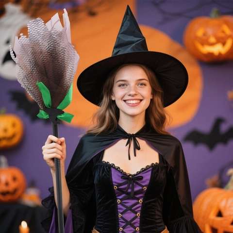 Scopa da Strega di Halloween Per Bambini Adulti Cosplay Decorazione Festa Manico in Plastica Coda a Rete Con Fiocco Verde
