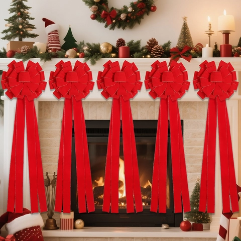 Large Christmas Tree Topper Red Velvet Bowknot Ornament Flocking Ribbon Bow With Glitter Edge For Holiday Party Home Decor
